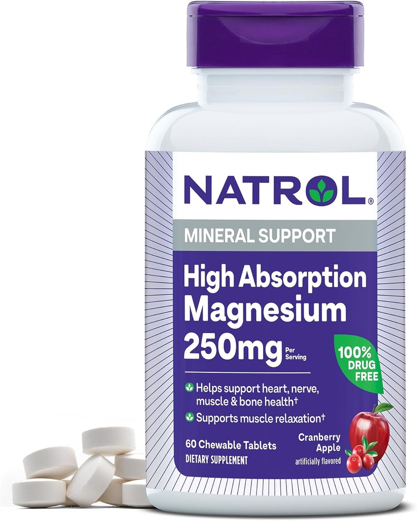 Natrol High Abxia Magnezyum 250 mg, Diyet Supplement to Support Heart, Nerve, Muscle and Bone Health, 60 Cranberry Apple-Flavored Chewable Tabletler, 30 Day Supply