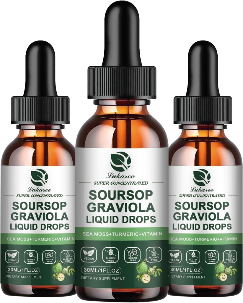 (3 Pack) Soursop Graviola Leaf Extract Liquid Drop Plus Pure Botanical Sea Moss for Cell Support & Rejenerasyon, Immunity, Liver, Gut & Antioksi - Soursop Bitters Liquid, 90 Day Supply, 1 Fl Oz