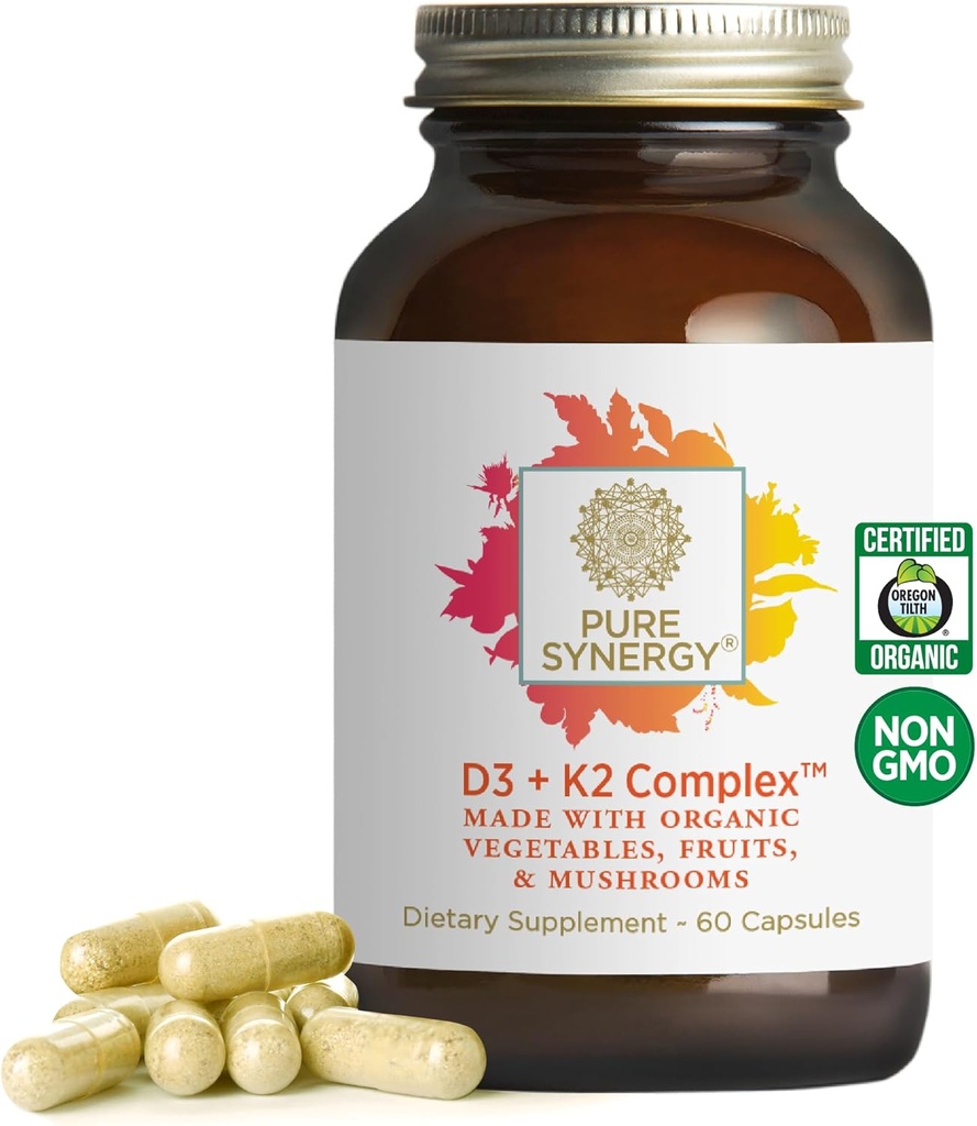 PURE SYNERGY D3 + K2 Kompleksi | Vegan Vitamin D3 K2 Kompleks | Organik D3 Vitamin K2 ve K1 Plus Organik Tüm Gıdalar | Kemik, Beyin ve Immune Health (60 Capsules)