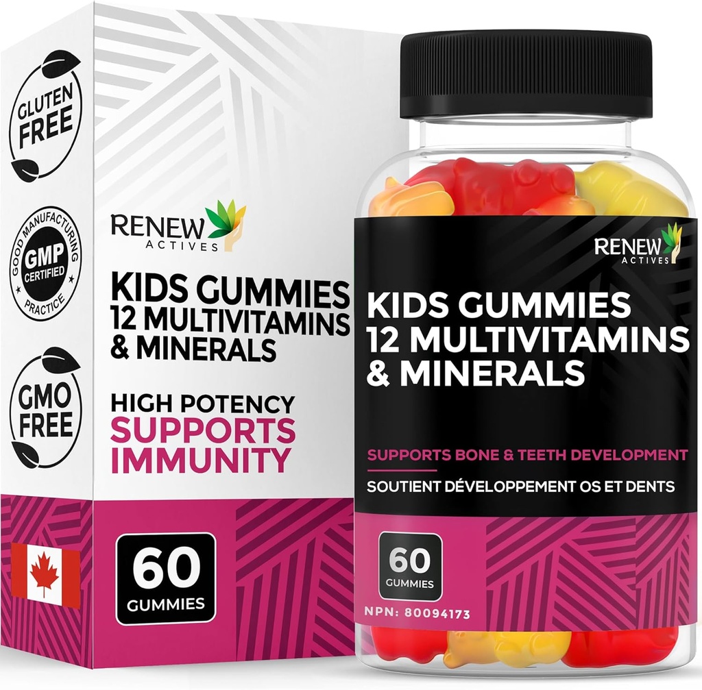 Yeni Actives Kids Multivitamin 4 Gummies per Service – Supports Health, Hair, Skin, Nails, Eyesight, Güçlü Bones, Dişler ve Gums – Büyüyen Çocuklar için Tasty & Nutrient-Rich – Kanada'da Yapıldı – 60 Gummies