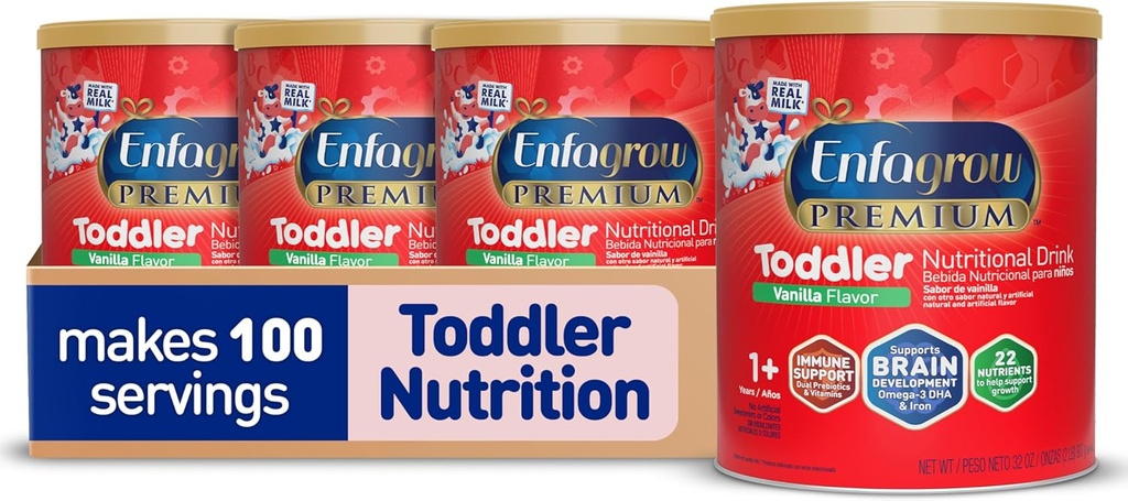 Enfagrow Premium Toddler Beslenme İçme, Vanilla Flavor, Omega-3 DHA Beyin Desteği, Prebiyotikler ve Vitaminler Immune Health, Toz Can, 32 Oz, 4 Paket