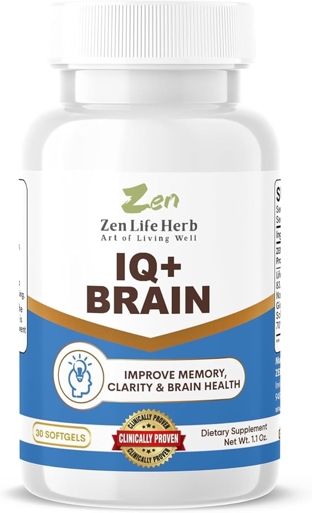 ZEN LIFE HERB IQ+ Beyin - Caffeine-Free, Klinik olarak Focus, Concentration, Memory & Energy, Natural Plant-Based Herbal Supplement, Hiçbir Eklenmiş Vitaminler/Minerals/Mushroom/Sugar (30 Softgels)