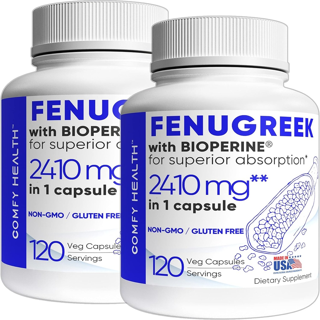 Κάψουλες Fenugreek, 2410 mg, 240 Σερβιέτες, Χάπια Fenugreek με Bioperine για Ανώτερη Απορρόφηση, Μη ΓΤΟ, Σπέρματα Χωρίς Γλουτένη, Συμπληρώματα Εκχυλίσματος Fenogreco Capsulas