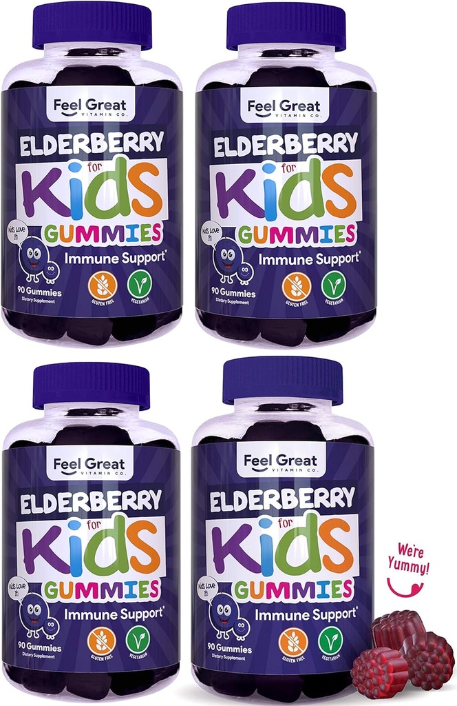Great Kids Elderberry Gummies with çinko and Vitamin C (4-Pack) | Çocuklar Immune Support Sambucus Elderberry Gummies | Berry Flavored Vegan Kids Multivitamins | Şişe başına 90 Gummies