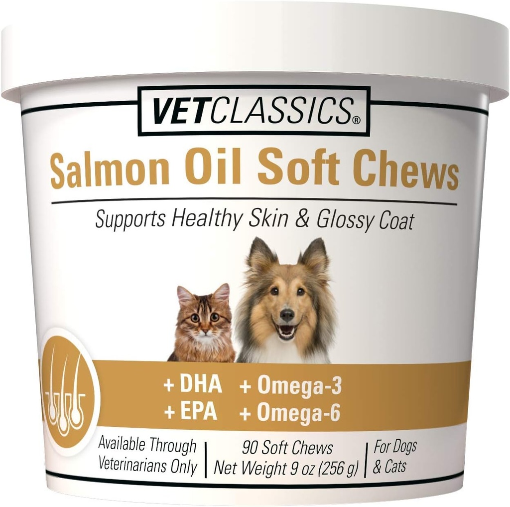 Vet Classics Salmon Oil Pet Supplement for Health Skin, Glossy Coats – Dog Coat Supplement, Cat Skin Supplement – Omega-3, 6, 9, DHA Kaynağı, EPA – Soft Chews 90 Ct.