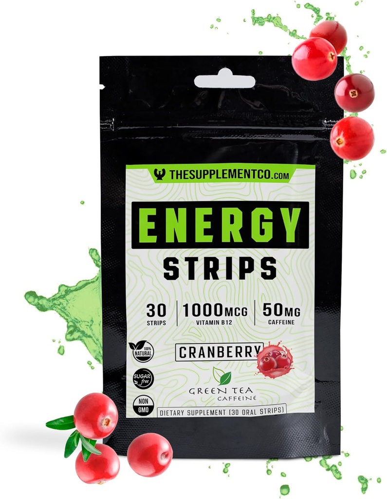Energy Strips - 50 Mg of Caffiene - Hızlı absorbtion 100% Tüm Doğal Formula - Cranberry Flavor - 30 Strips -