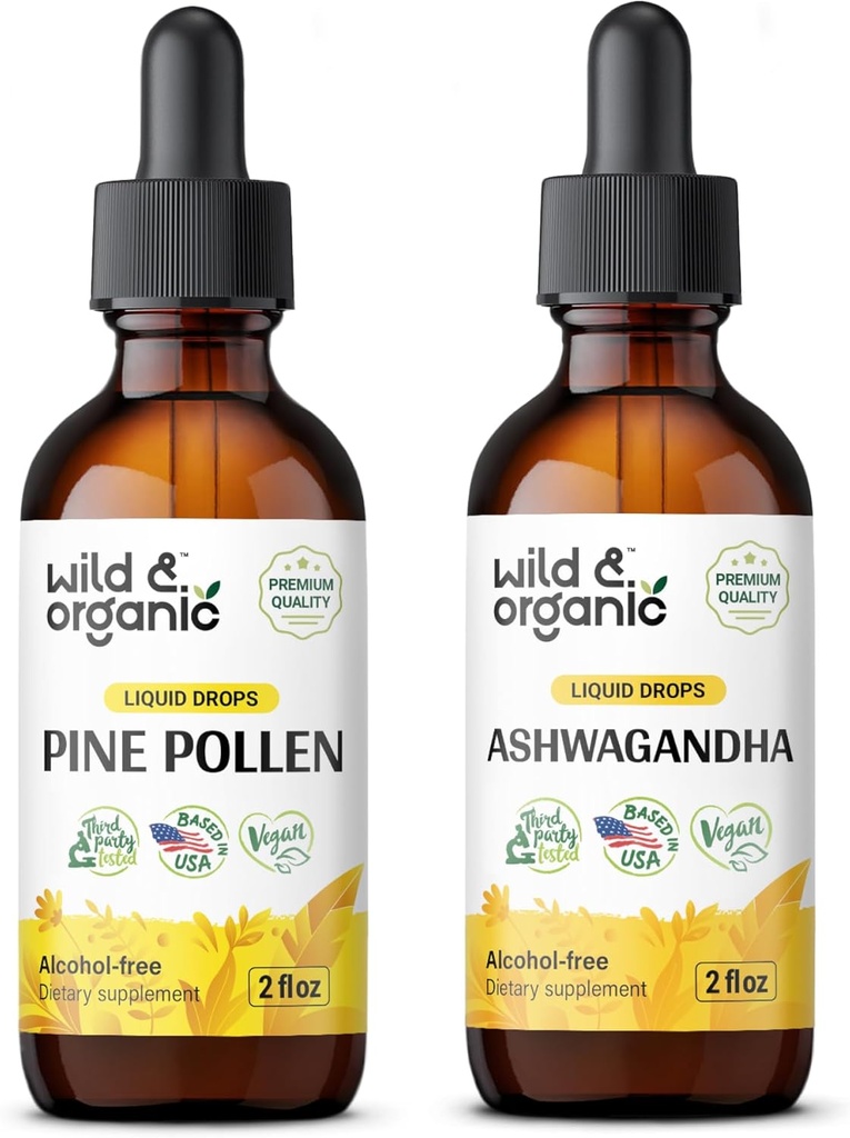 Wild & Organic Pine Pollen Tincture 2 fl oz & Ashwagandha Tincture 2 fl oz