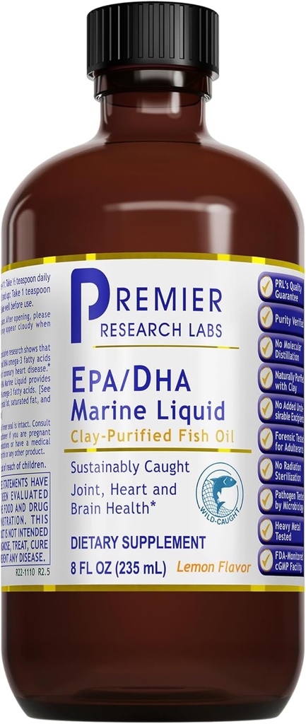 Premier Research Labs EPA/DHA Marine Liquid - Omega 3 Fish Oil Liquid, Omega 3 Liquid Fish Oil Supplement for Yetişkinler, Joint, Heart, & Brain Health Support - 8 Fl Oz Şişe