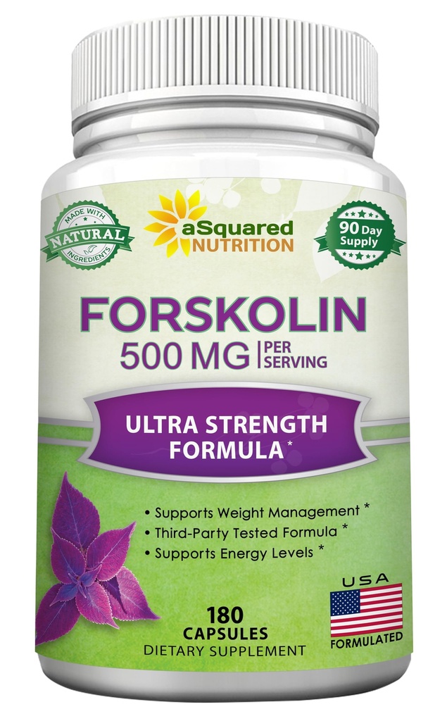 ASquared Beslenme Forskolin 500 mg Max Strength-180 Capsules,Forskolin Supplement for Pure Kilo Kaybı Yakıt, Coleus Forskohlii Root - Forskolin Diyet Pills, Belly Buster Fat Burner 2X Slim