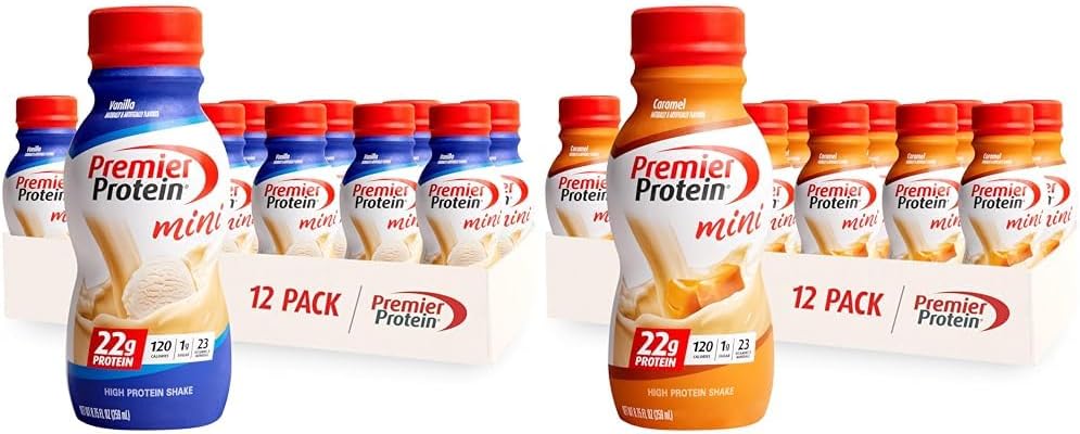 Premier Protein Shake MINIs Vanilla & Caramel Flavors, 22g Protein, 120 θερμίδες, 1g Ζάχαρη, 8,75fl oz, συσκευασίες των 12