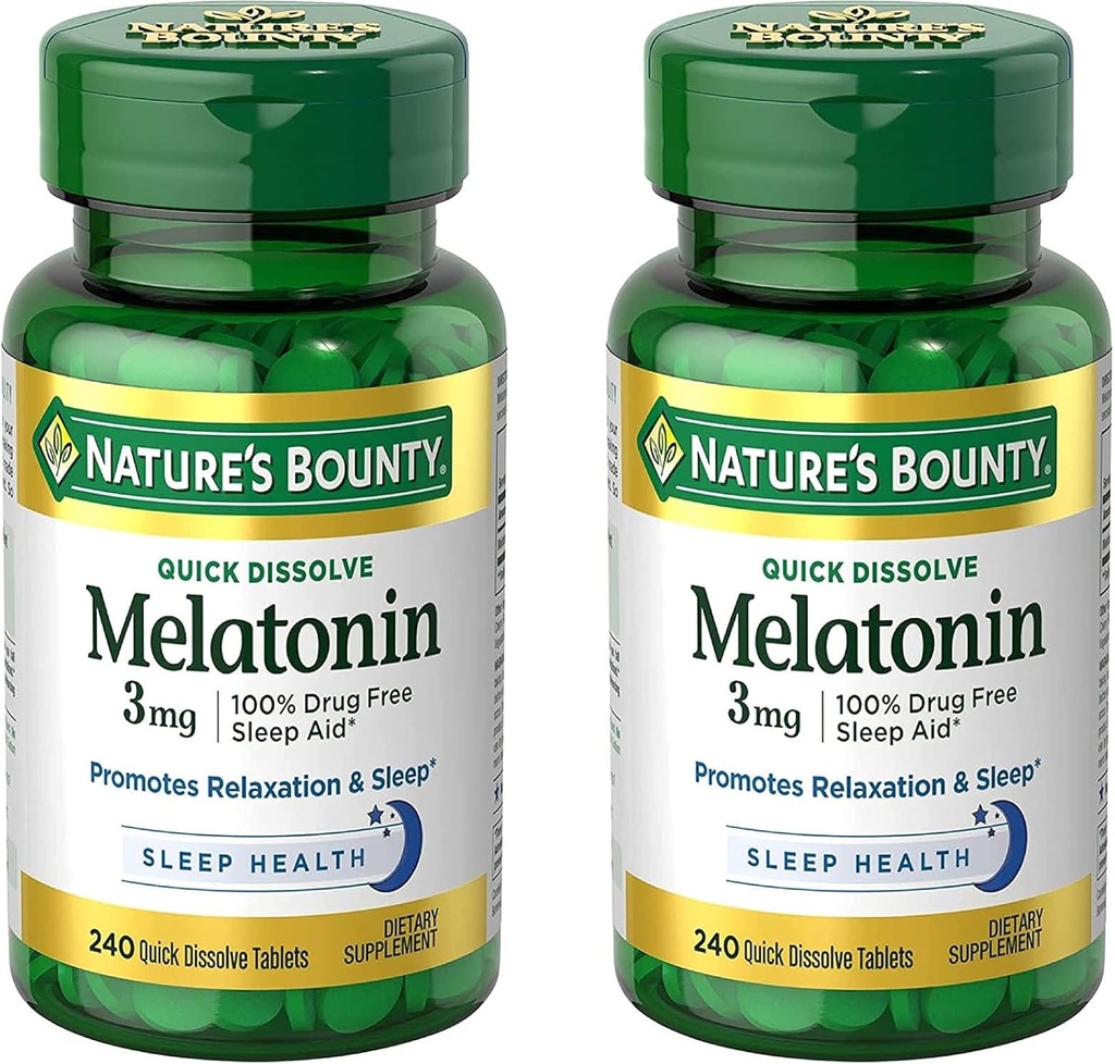Nature's Bounty Melatonin 3mg,% 100 Uyuşturucu Ücretsiz Sleep Aids for Yetişkinler, Supports Relaxation and Sleep, Diyetary Supplement, 240 Count (Pack of 2)