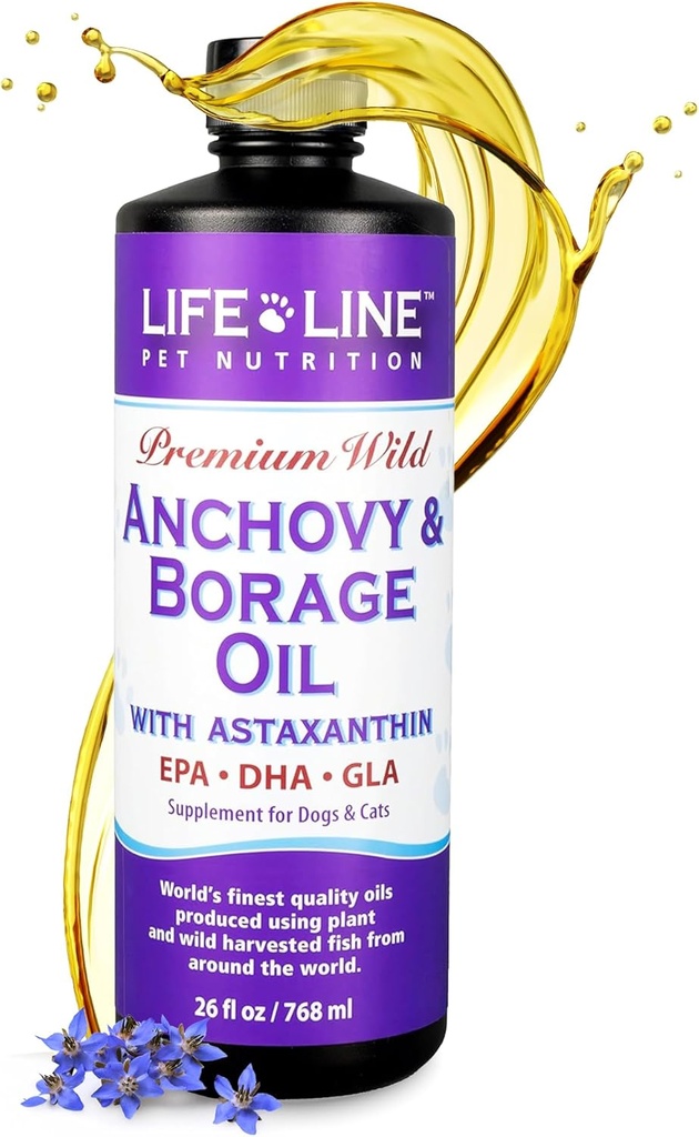 Lifeline Wild Anchovy + Borage Oil for Dogs | Omega-6 GLA Supplement for Skin Health, Allergies & Coat | Redding, Itching & Inflammation – 26 ozlammation