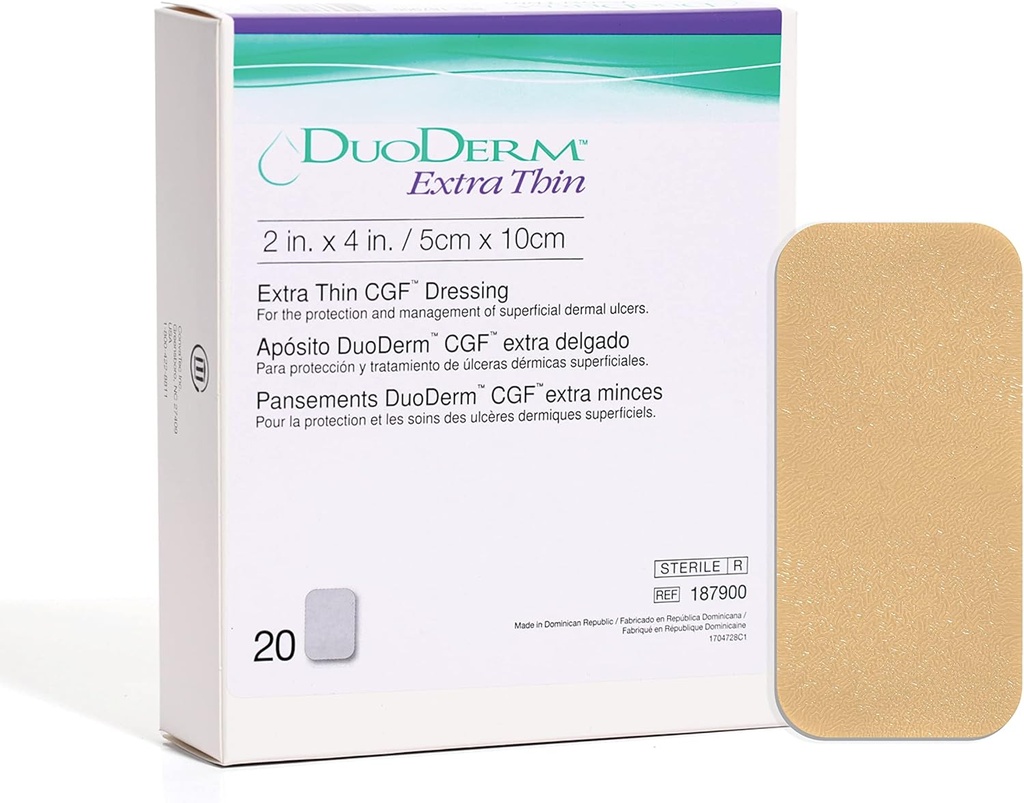 ConvaTec DuoDERM Ekstra İnce Kontrol Gel Formula 2"x4" Hydrocolloid Rockete yapıştırıcısı Superficial Yaras, Low Friction, Flexibile, Latex-Free, Water, Rect bok, Beige, 20ct Box
