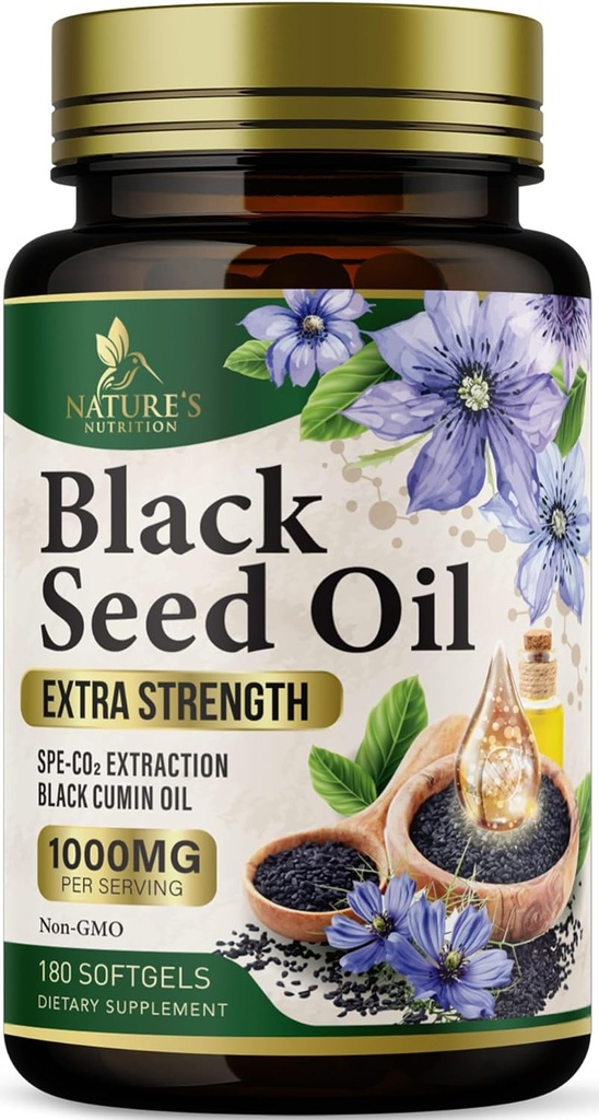 Black Seed Oil Softgels 1000mg - Premium Nigella Sativa Blackseed, Pure Natural Black Cumin Seed Oil & Antioxidant for Skin & Immune Support - Μη ΓΤΟ, Εμφιαλωμένο στις ΗΠΑ Συμπλήρωμα - 180 Softgels