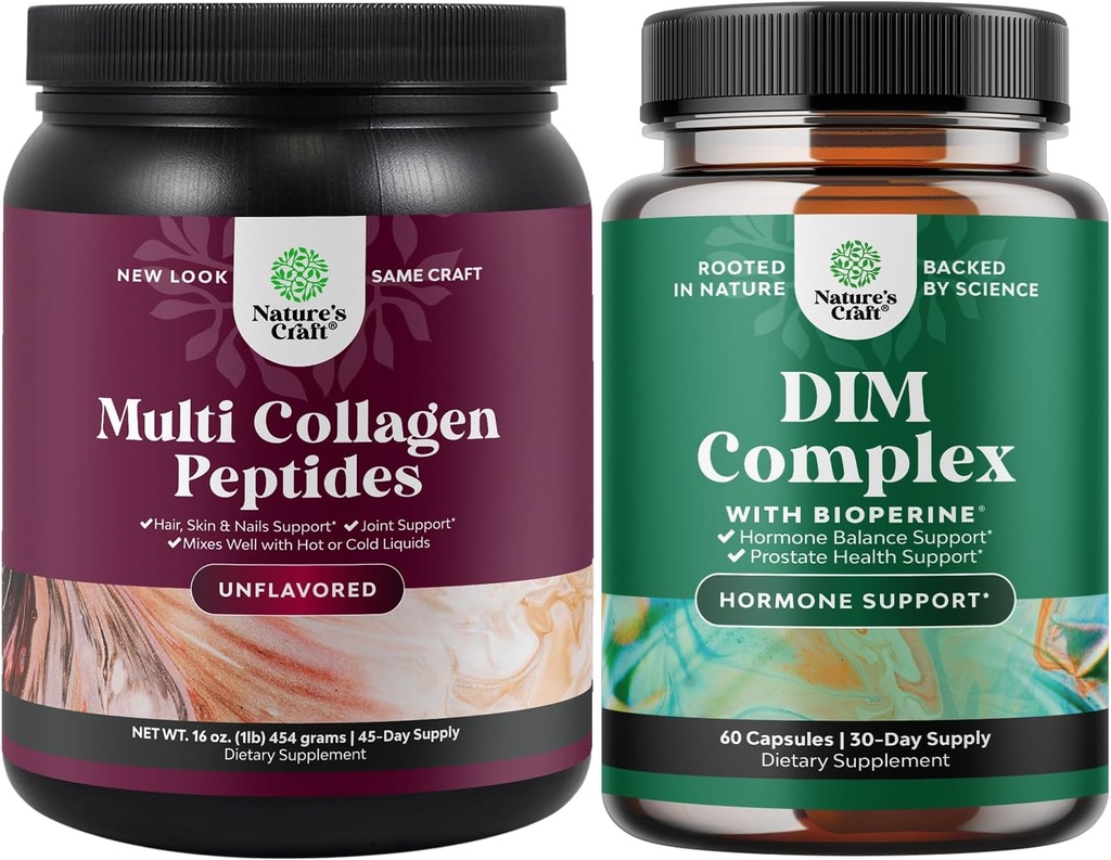 Natures Craf Bundle Multi Collagen Protein Powder για γυναίκες και άνδρες - Δέρμα μαλλιών και νύχια Βιταμίνες και DIM Complex Άνδρες και γυναίκες συμπλήρωμα ισορροπίας