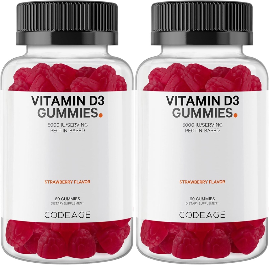 Kodaj Vitamin D3 Gummys, Vitamin D3 5000 IU Gummies Cholecalciferol 125 mcg, Soft Pectin-Based, Animal Gelatin-Free Gummy, Gummies Vitamins, Tasty Strawberry, Non-GMO - 2Pack