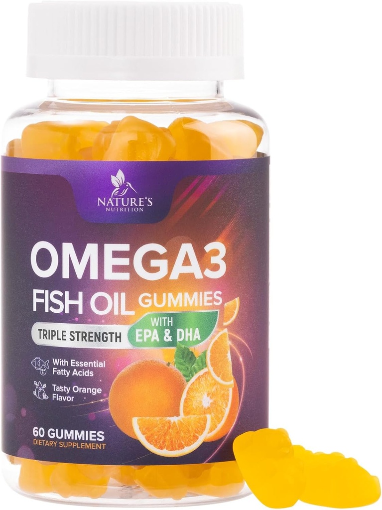 Ωμέγα 3 Gummies Fish Oil - Υποστήριξη για την υγεία της καρδιάς Ωμέγα 3 Gummy συμπλήρωμα για ενήλικες & παιδιά με υψηλή απορρόφηση DHA & EPA, κοινή & εγκεφαλική υποστήριξη, Delicious Orange Flavor Fish Oil Βιταμίνες, 60 Gummies