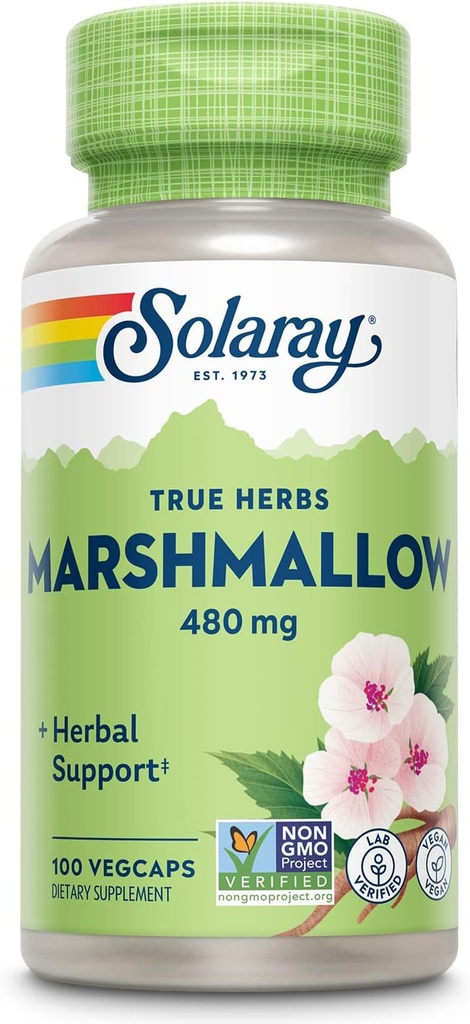 SOLARAY κάψουλες ρίζας μαργαριταριών 480 mg - Καταπραϋντική βοτανική υποστήριξη w/Whole Marshmallow Root - High in Mucilage Soluble Fiber, Vegan, Non-GMO, Lab Επαληθευμένο, 60-ημέρα εγγύηση, 100 υπηρεσίες, 100 VegCaps