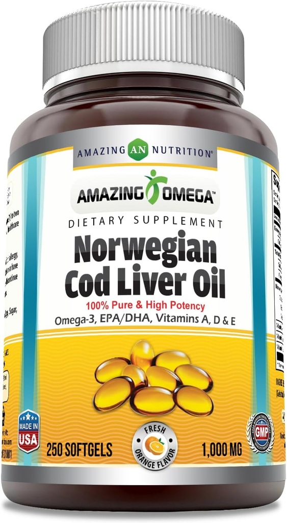 Amazing Omega Norveç Cod Liver Oil 1000 Mg Softgels Supplement | Omega-3, EPA, DHA, A, D & Vitamin E (Orange | 250)