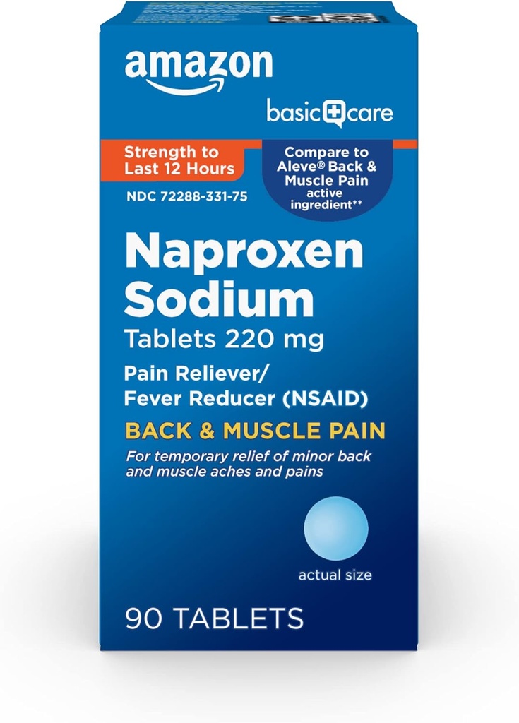 Temel Bakım Geri ve Kas Ağrısı, 220 mg, 12 Saat Ağrı Yardımı, Naproxen sodyum Tabletleri, Ağrı Reliever ve Ateşi, 90 Kont