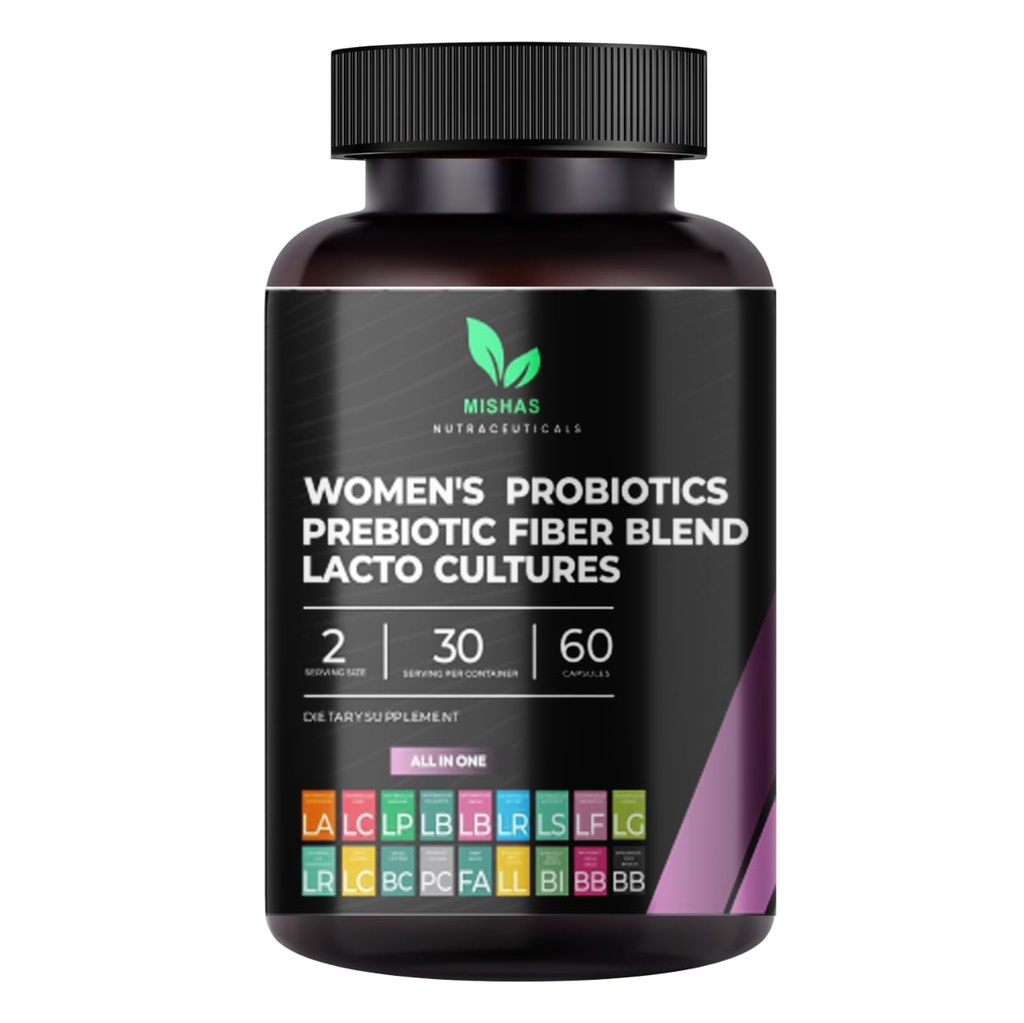 Mishas Nutraceuticals Probiyotiks for Women, 50 Milyar CFU - 16 Probiyotik Strains with Prebiyotik - Supports Vaginal Health, Gut Health and Immune System - Feminine Supplement – 60 Capsules