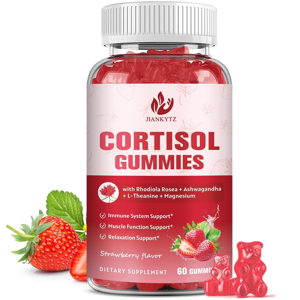 Κορτιζόλη Gummies για γυναίκες με Ashwagandha, Rhodiola Rosea, L-Θεανίνη, Μαγνήσιο, Βιταμίνη D3 για Zzz Υποστήριξη, Ισορροπημένη Κορτιζόλη, Vegan, 60 Gummies