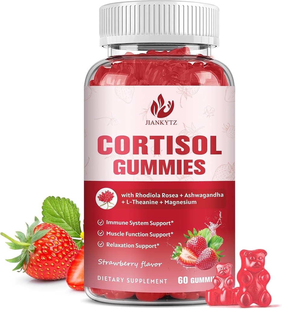 Κορτιζόλη Gummies για γυναίκες με Ashwagandha, Rhodiola Rosea, L-Θεανίνη, Μαγνήσιο, Βιταμίνη D3 για Zzz Υποστήριξη, Ισορροπημένη Κορτιζόλη, Vegan, 60 Gummies