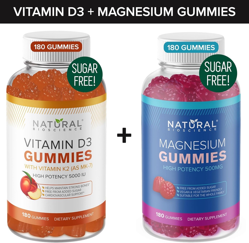 Şeker Ücretsiz Vitamin D3 K2 Gummies (180 Gummies) ve Sugar Free Ekstra Güçlü Magnezyum Gummies (180 Gummies), D3 Gummies 5000 IU+K2 MK7 80 mcg, Magnezyum Citrate Gummies 500 mg, Magnezyum Citrate Gummies 500 mg