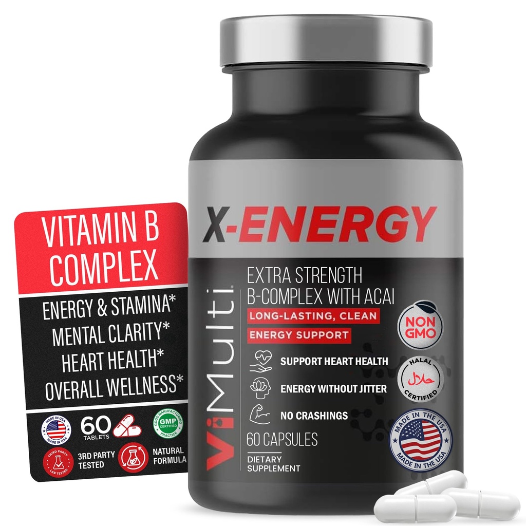 X-Energy Extra Strength B Complex with Caffeine & Vitamin B12 – Enerji Desteği B1, B2, B3 Niacin, B6, Folic Acid, Biotin, B5, Taurine, BTC, Rhodiola, Maca, Acai & Spirulina - 60 Capsules
