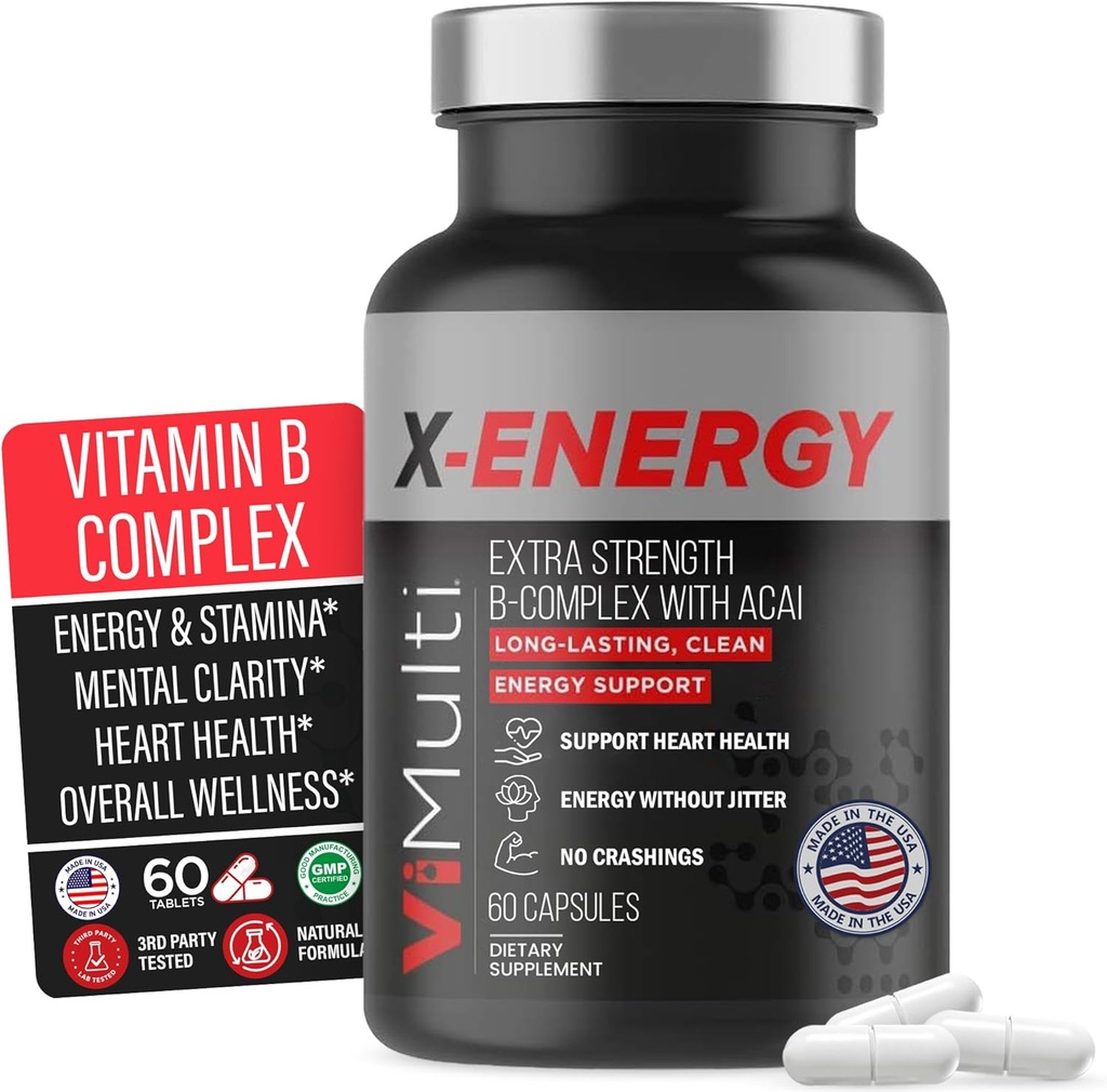 X-Energy Extra Strength B Complex with Caffeine & Vitamin B12 – Enerji Desteği B1, B2, B3 Niacin, B6, Folic Acid, Biotin, B5, Taurine, BTC, Rhodiola, Maca, Acai & Spirulina - 60 Capsules