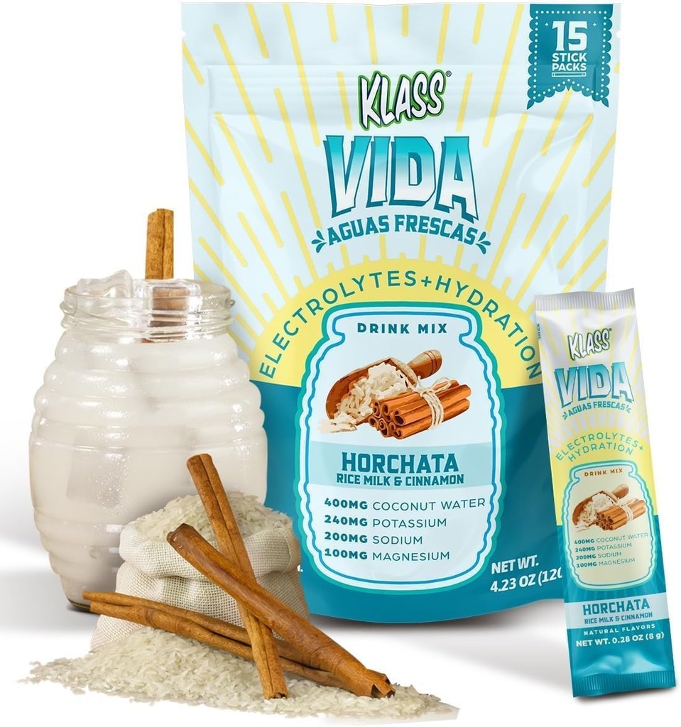KLASS VIDA Electrolyte Drink Mix – Horchata Agua Fresca Flavor | Sugar-Free Hydration Toz with Coconut Water & Minerals | 15 Single-Serve Stick Packs in Resealable Pouch, Low Calorie