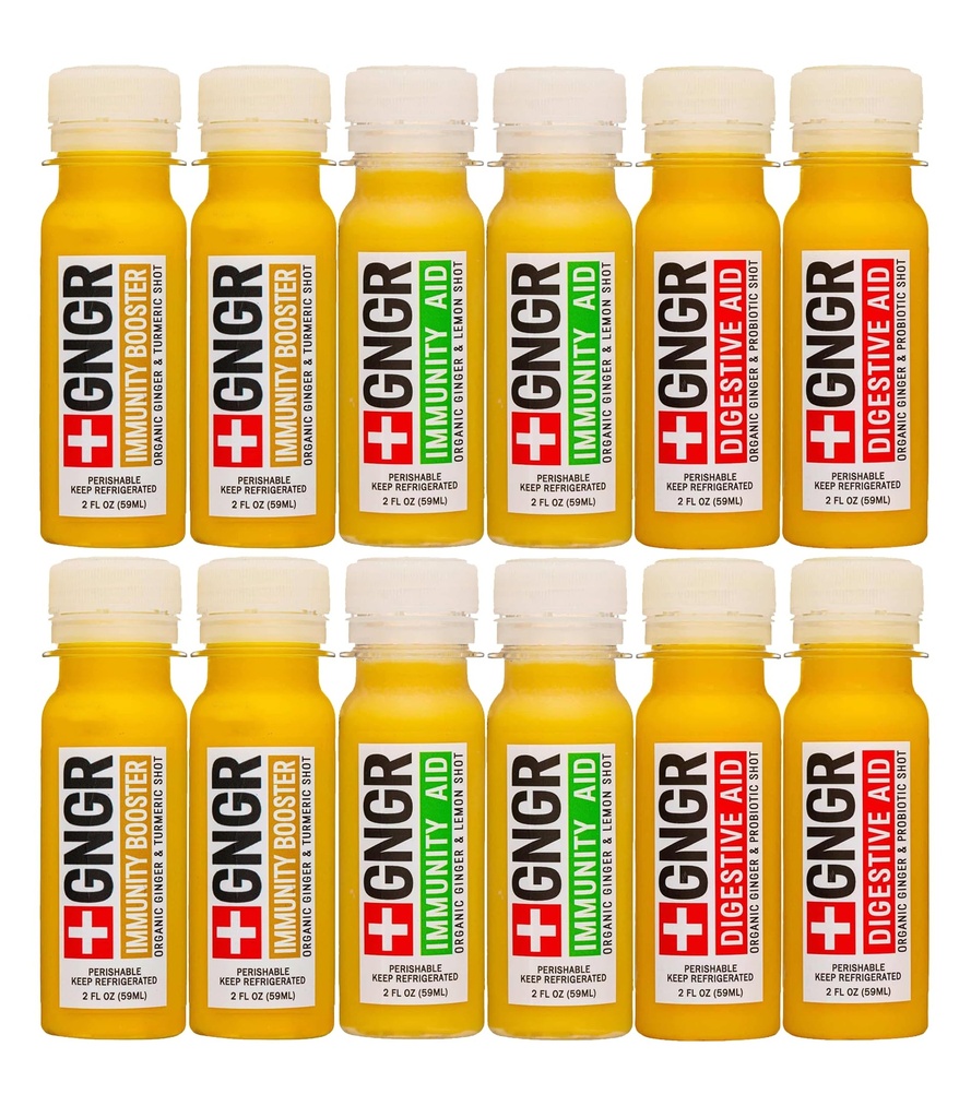 +GNGR Immunity Sampler Organic Ginger Wellness Shots - Tüm Doğal Digestive Destek ve Immune Support, Digestive Aid, Gut Cleanse ve Detox 2 fl oz (Paket 12)
