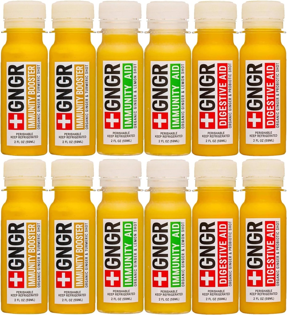 +GNGR Immunity Sampler Organic Ginger Wellness Shots - Tüm Doğal Digestive Destek ve Immune Support, Digestive Aid, Gut Cleanse ve Detox 2 fl oz (Paket 12)