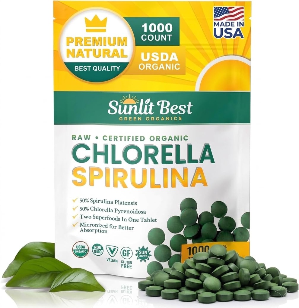 En İyi Klorella Spirulina Tabletleri - Organik USDA, Premium Spirulina ve Chlorella Tabletleri 1000 Kont - Sun Chlorella Pure Natural Superfood with Algae, Enzymes Chlorophyll & Protein