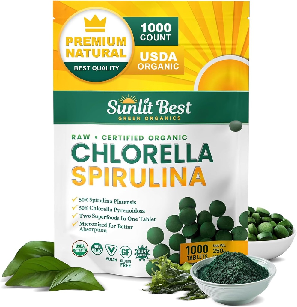 Sunlit Best Chlorella Spirulina Tablets - Organic USDA, Premium Spirulina και Chlorella Tablets 1000 Count - Sun Chlorella Pure Natural Superfood με Άλγη, Ένζυμα Χλωροφύλλης & Vegan Protein