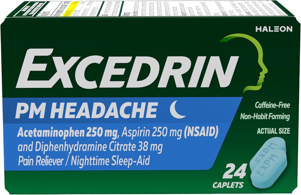 Excedrin PM for Headache Relief, Acetaminophen 250mg, Aspirin 250mg, Diphenhydramine Citrate 38mg, Pain Reliever, Nighttime Sleep-Aid, 24 Count