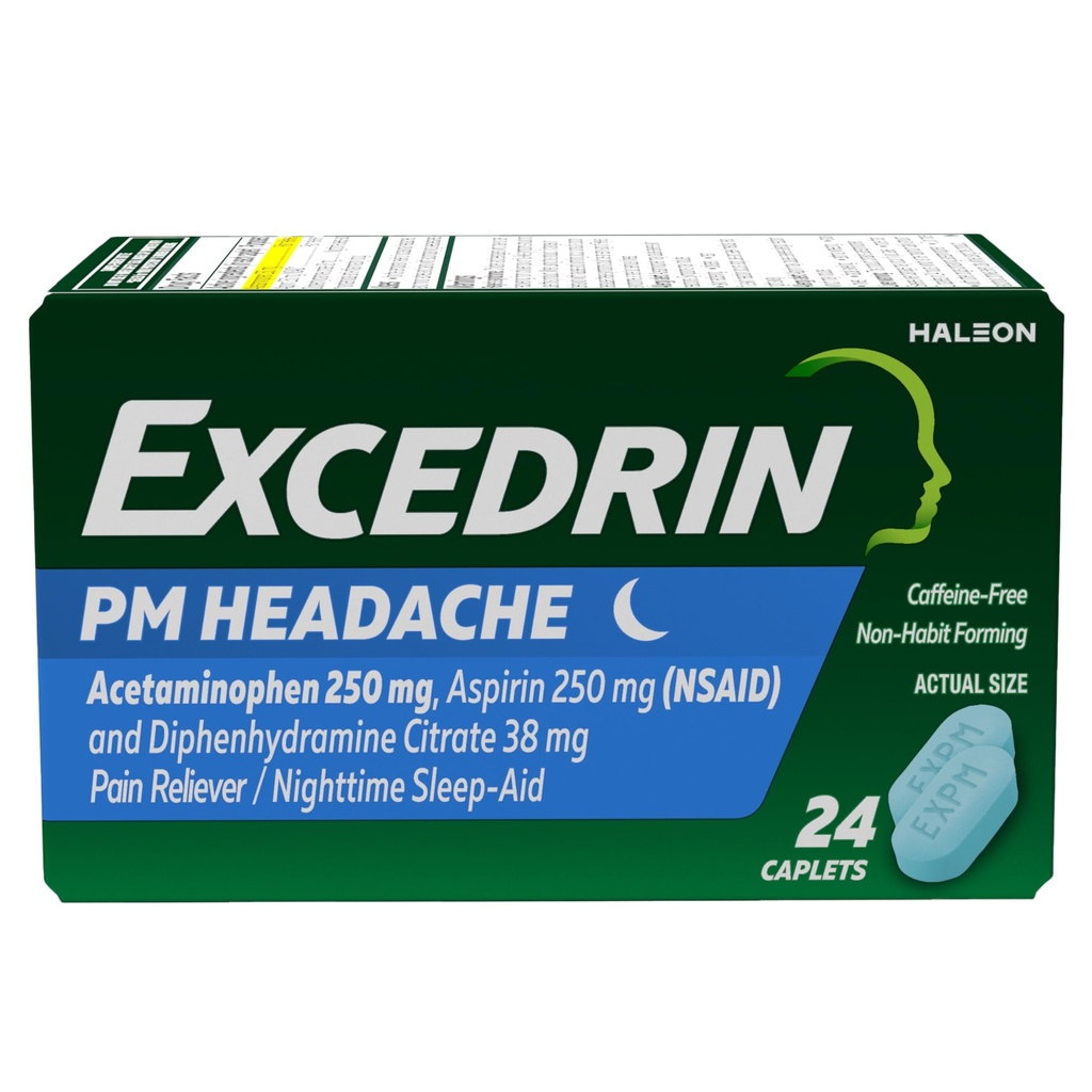 Headache Relief için Excedrin PM, Acetaminophen 250 mg, aspirin 250 mg, Diphenhydramine Citrate 38 mg, Pain Reliever, Nighttime Sleep-Aid, 24 Count