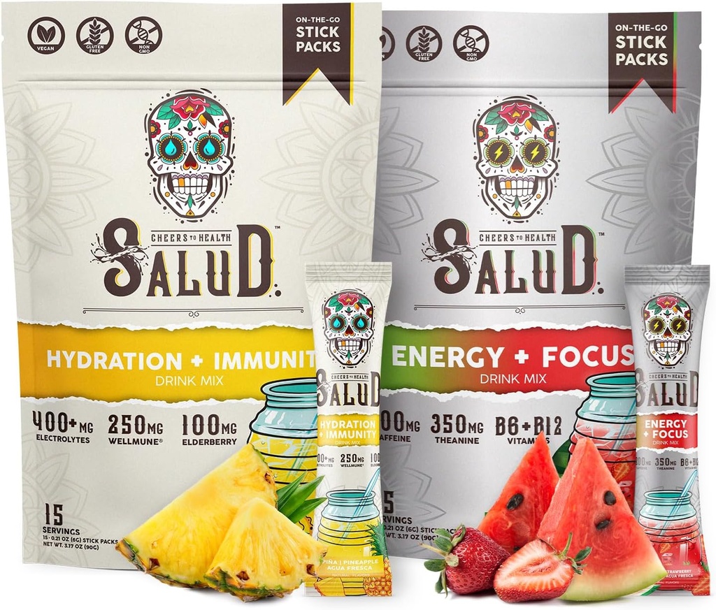 Salud 2Pack | 2in-1 Hydration + Immunity (Pineapple) & Energy + Focus (Strawberry Watermelon) – 15 Her biri, Agua Fresca Drink Mix, Non-GMO, Gluten Free, Vegan, Low Calorie, 1g of Sugar Watermelon)
