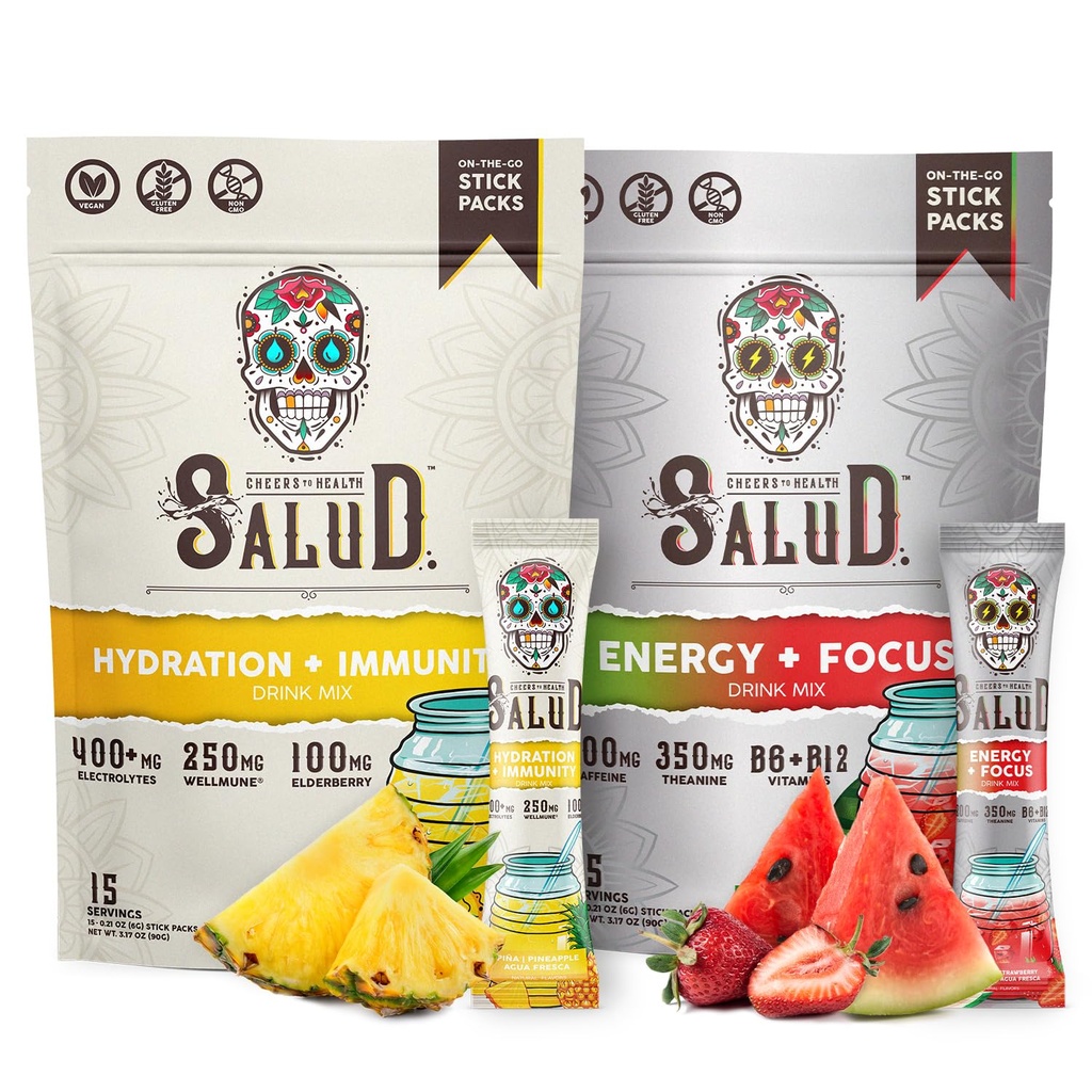Salud 2Pack | 2in-1 Hydration + Immunity (Pineapple) & Energy + Focus (Strawberry Watermelon) – 15 Her biri, Agua Fresca Drink Mix, Non-GMO, Gluten Free, Vegan, Low Calorie, 1g of Sugar Watermelon)