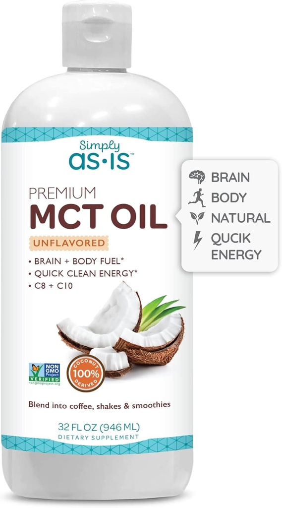AS-IS basitçe Premium MCT Oil C8 & C10 | Unflavored | No-GMO Coconuts | Sabah Kahvesi için Mükemmel | Temiz Enerji | 32 fl oz (63 Hizmet)