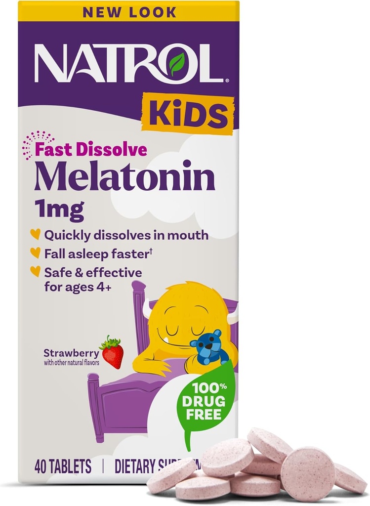Natrol Kids Fast Dissolve Melatonin 1 mg, Diyetsel Supplement for Restful Sleep, Sleep Tablets for Kids, 40 Strawberry-Flavored Melatonin Tabletleri, 40 Gün Supply