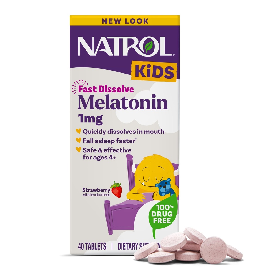 Natrol Kids Fast Dissolve Melatonin 1 mg, Diyetsel Supplement for Restful Sleep, Sleep Tablets for Kids, 40 Strawberry-Flavored Melatonin Tabletleri, 40 Gün Supply