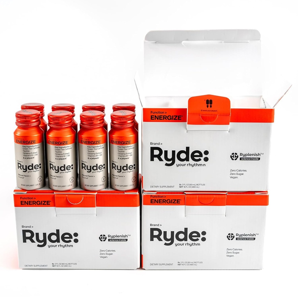Ryde: Energize Shot | Trovor | Green Tea Caffeine, Taurine, Reality Extract & B Vitamins | 0 Calories, 0 Sugar | 2 FL OZ Shots | Boosts enerji * (24 Pack)