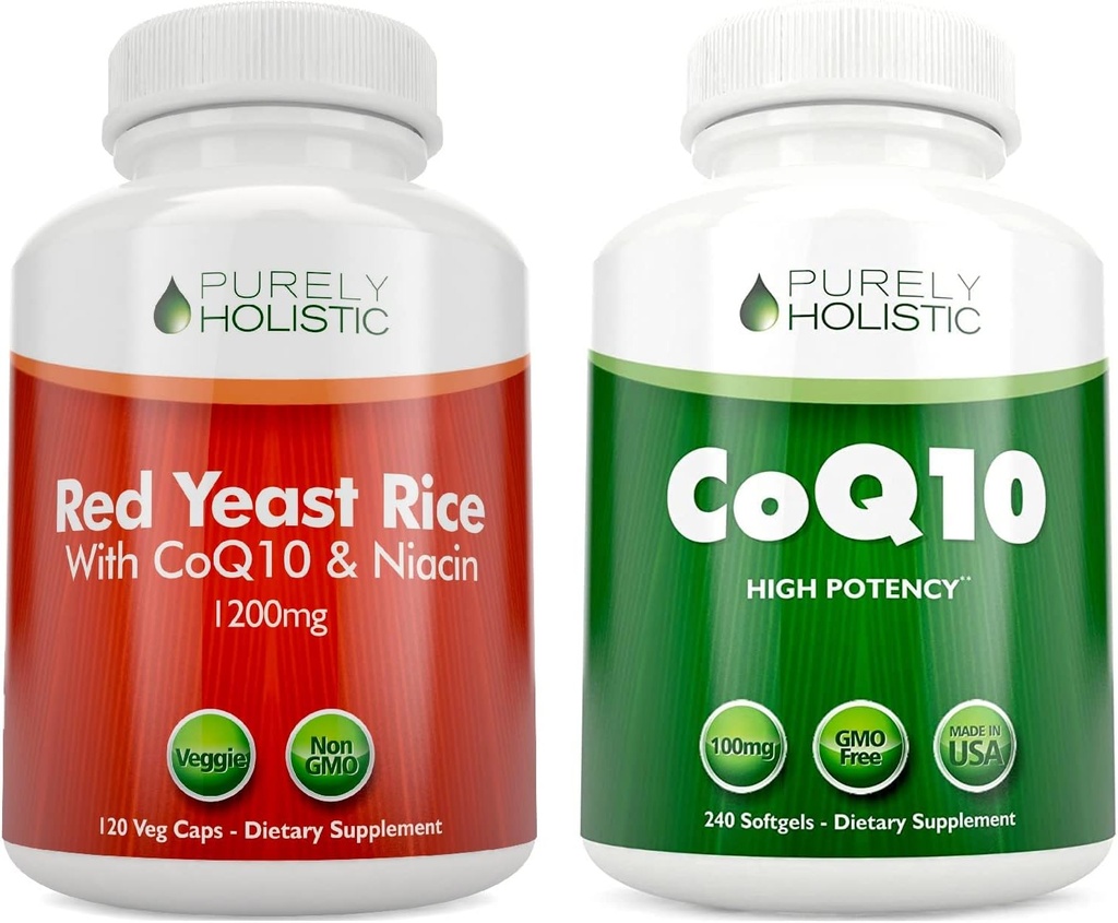 Safly Holistic Red Yeast Rice 1200 mg & Niacin + CoQ10 100 mg - 120 Capsules & 240 Softgels Sche - Made in USA