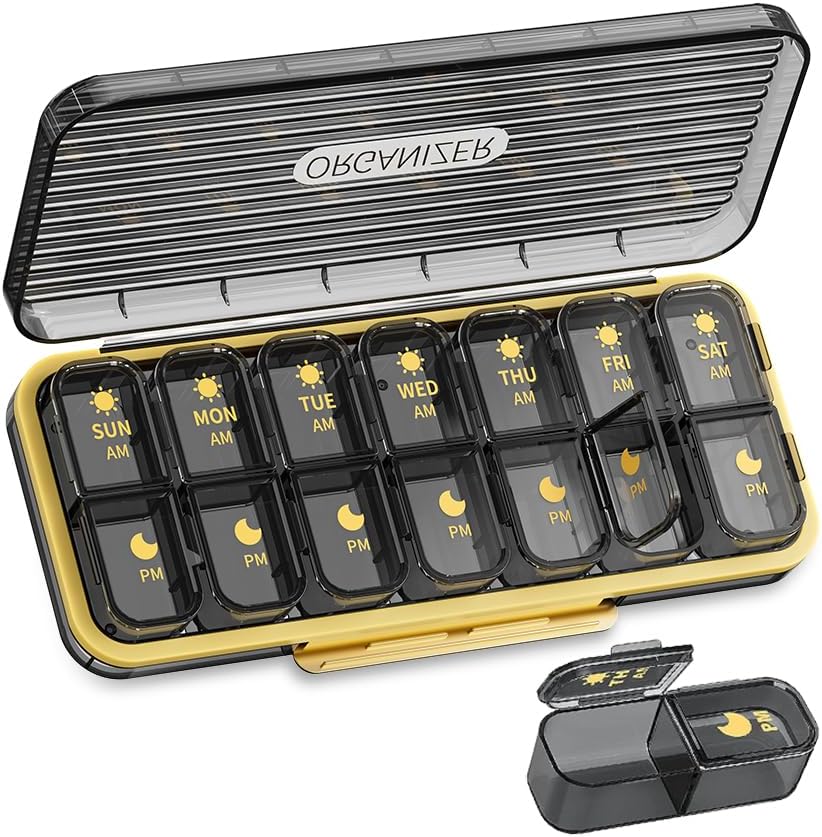 Haftalık Pill Organizer 2 Times a Day, ZDQZC Travel Pill Box 7 Day Case with LargeComptment Daily Pill Shang Medicine Konteyner for Vitamin, Fish Oils, Supplements (2 Times a Day, Gray)