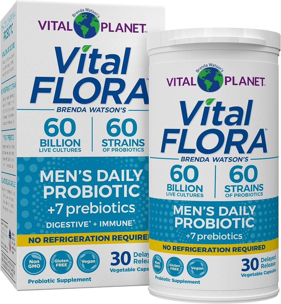 Vital Planet – Vital Flora Probiyotiks for Men, 60 Milyar CFU, 60 Diverse Strains, 7 Organik Prebiyotiks, Men's Daily Raf Stable Probiyotik for Immune Support, Gas Relief, Digestive Health 30 Capsules