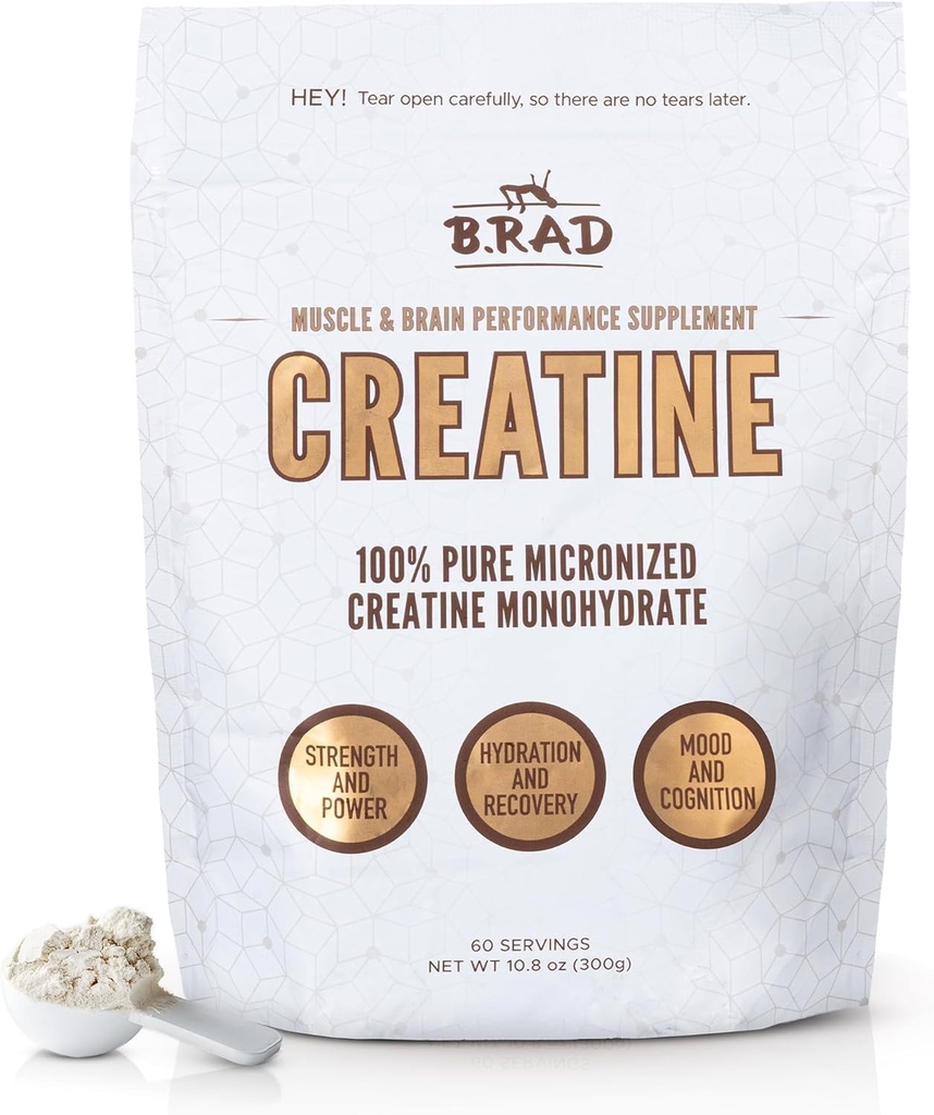 B.rad 100% Pure Micronized Kretine Monohidrat Toz | Doğal, Hiçbir Katkı | Boosts Muscle Strength, Recovery & Performans | Beyin Sağlığı | 300g, 60 Hizmetler