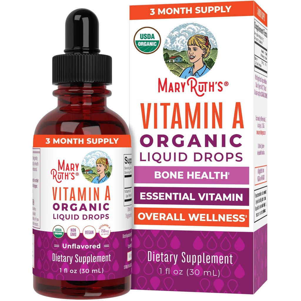 MARYRUTH'S Organics USDA Organic Vitamin A Liquid Drops | 3 Month Supply | Bone Health for Ages 14+ | Essential Vitamin | 750mcg per Serving | Sugar Free | Vegan | Non-GMO | Gluten Free | 1oz