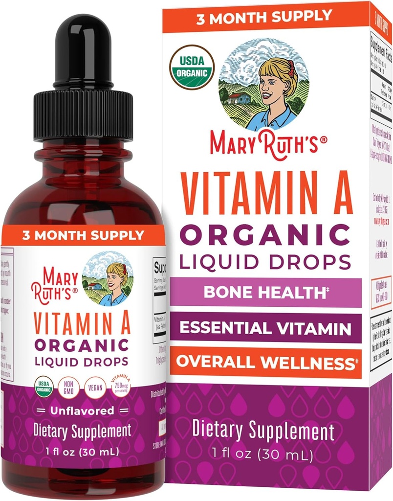 MaryRuth Organics USDA Organik Vitamin A Liquid Drops | 3 Ay Supply | Bone Health for Ages 14+ | Essential Vitamin | 750mcg per Service | Sugar Free | Vegan | Non-GMO | Gluten Free | 1oz