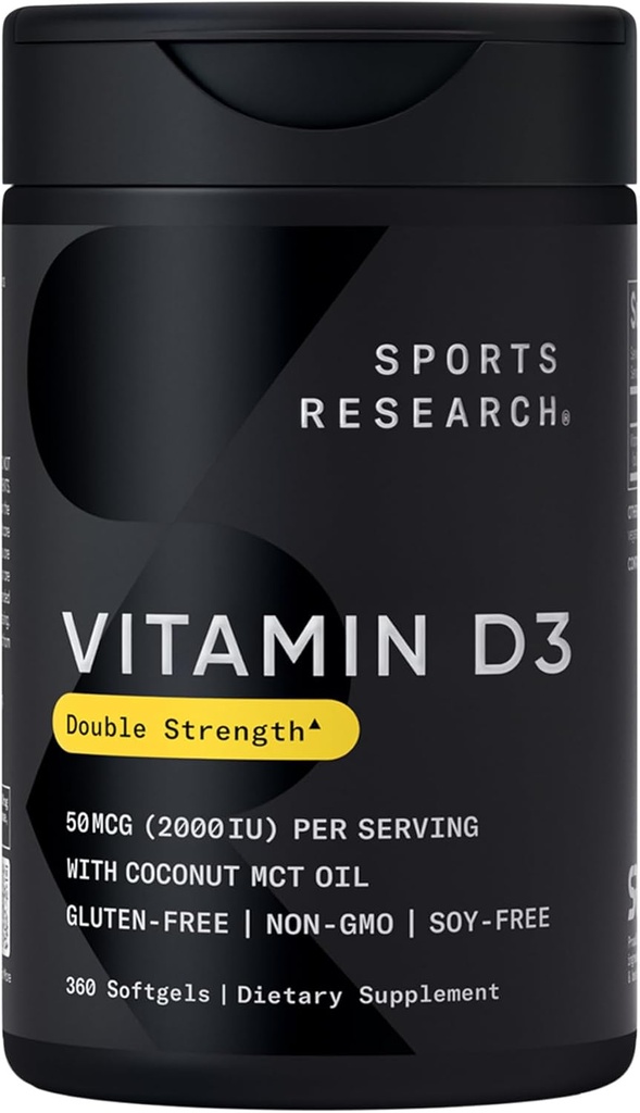 Sports Research Βιταμίνη D3 2000 IU με λάδι καρύδας MCT - Συμπλήρωμα βιταμίνης διπλής αντοχής - Μη ΓΤΟ Επαληθευμένο, χωρίς γλουτένη & σόγια – 50mcg, 360 Liquid Softgels